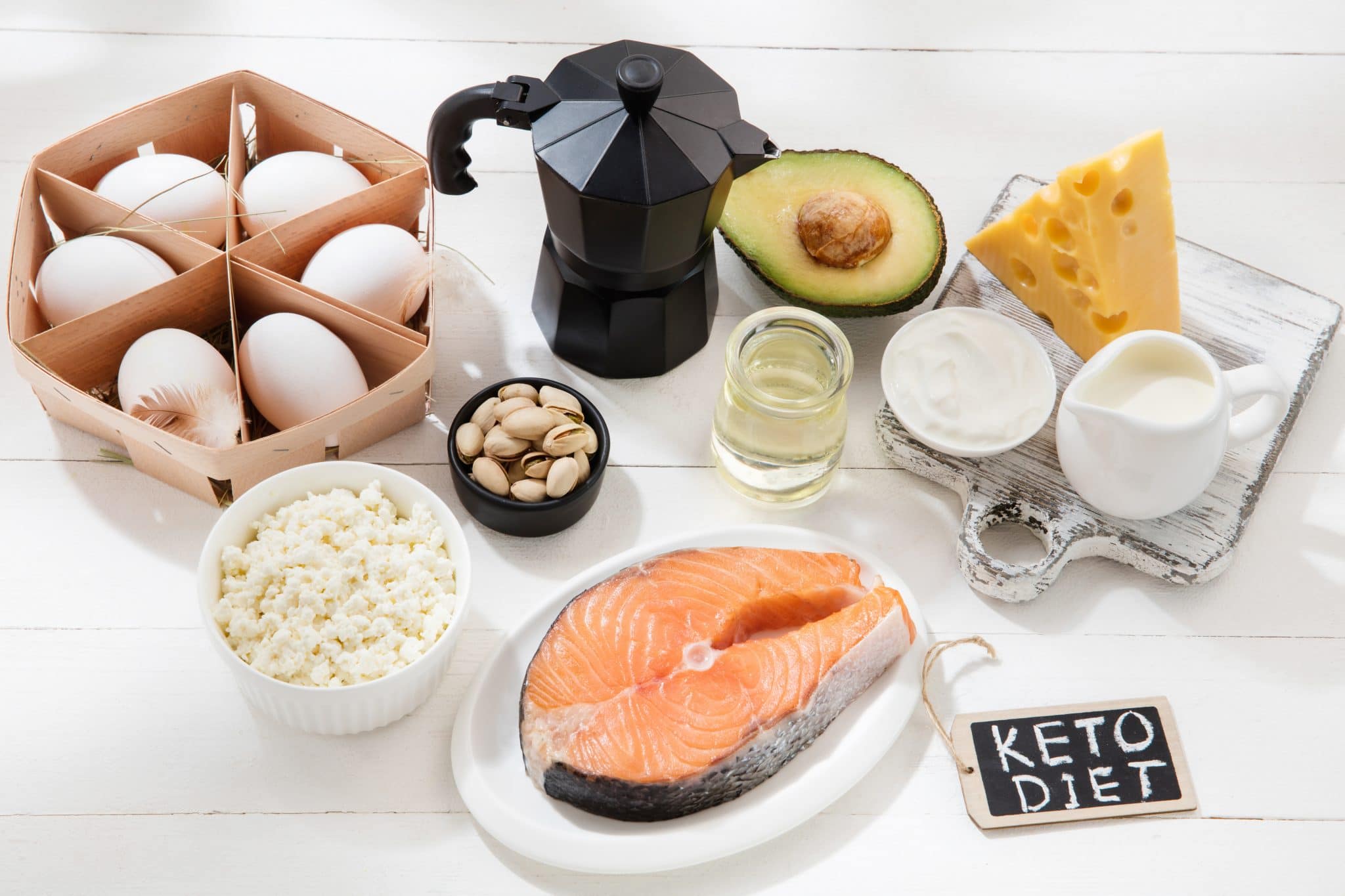 Ketogenic low carbs diet – food selection on white background