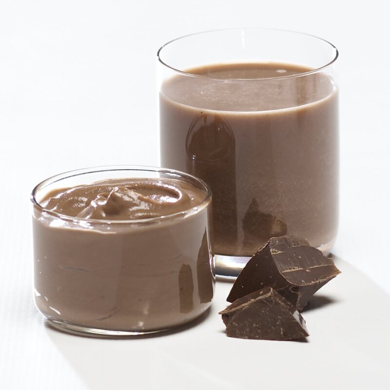 Chocolate pudding shake mix in a glass