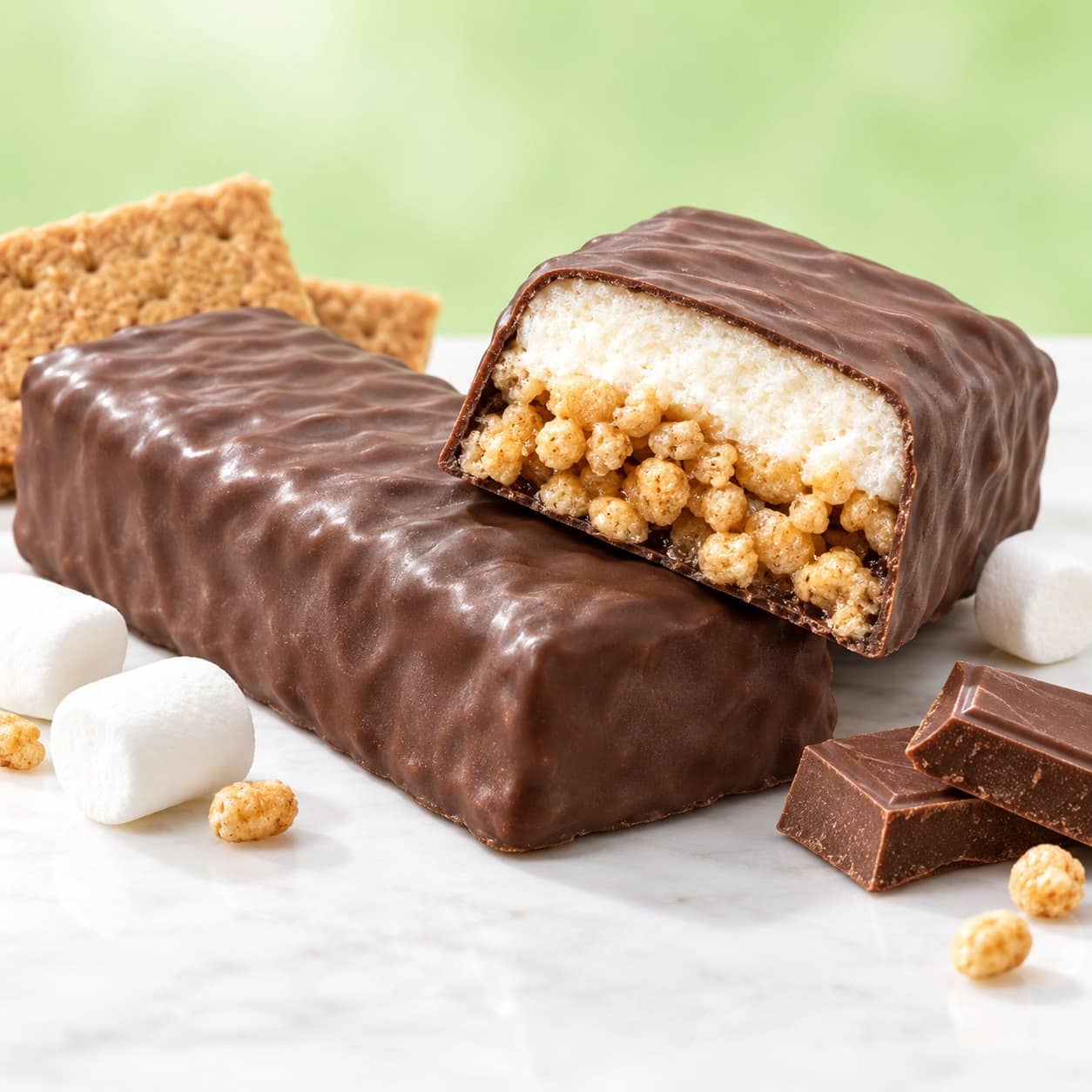 S'mores Protein Bar S'mores protein bar cut open showing marshmallow layer and crispy rice with chocolatey coating – 15g protein, gluten-free