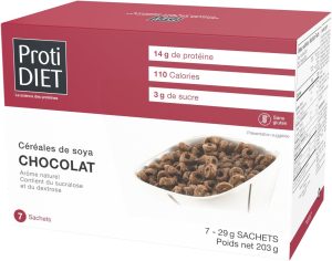 Céréales protéinées au chocolat Protidiet – céréales de soya, boîte de 7 sachets
