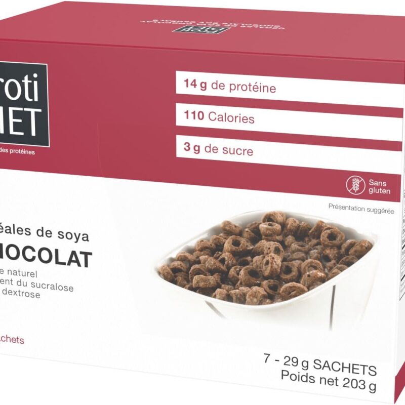 Céréales protéinées au chocolat Protidiet – céréales de soya, boîte de 7 sachets